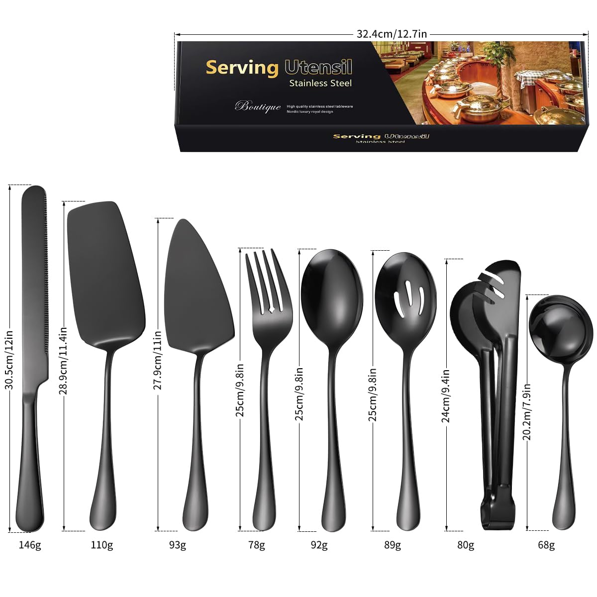 Aarainbow Serving Utensils Set, Stainless Steel 8 Piece, Black