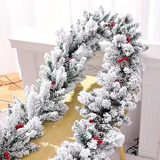 6.6ft Artificial Christmas Snow Pine Garland with Red Berries & Cones - Indoor Outdoor Holiday Decor for Winter, Xmas Tree, Mantel, Party Wedding, Seasonal Greenery Stems