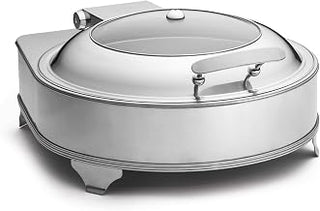 Tablecraft Electric Stainless Steel Chafing Dish with Quick View Window, Vented, Polished Round Server, Slow Close Lid, for Professional Restaurant, Catering, Foodservice, Buffet Use, 4 Quart, 110V