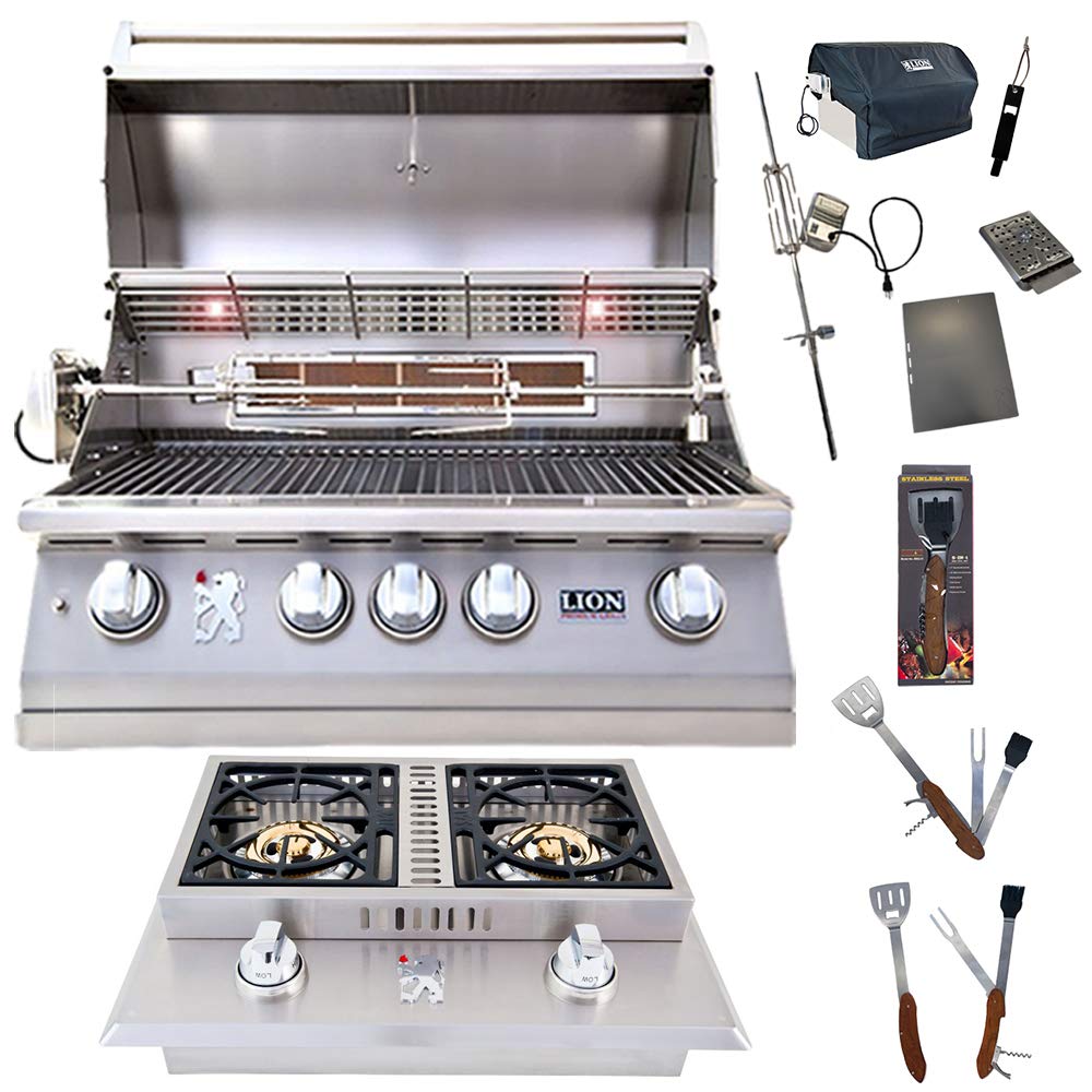 32-Inch Liquid Propane Grill L75000 and Double Side Burner with 5 in 1 BBQ Tool Set Best of Backyard Gourmet Package Deal by Lion Premium Grills – Stainless Steel