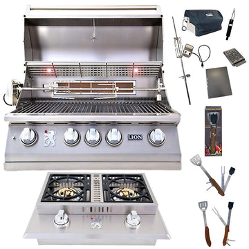 32-Inch Natural Gas Grill L75000 and Double Side Burner with 5 in 1 BBQ Tool Set Best of Backyard Gourmet Package Deal by Lion Premium Grills – Stainless Steel