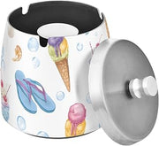 Ice Cream Flip Flops Pattern Splash Ashtray with Lid, Outdoor Ashtrays for Patio
