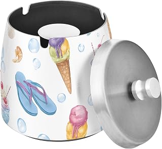 Ice Cream Flip Flops Pattern Splash Ashtray with Lid, Outdoor Ashtrays for Patio