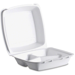 Dart 85HT3R Med Perforated 3 Comp Foam Hinged Container by Axppin – 8x8x3 inches, 200.0 quarts, Foam, White, Model DCC85HT3R