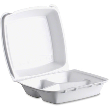 Dart 85HT3R Med Perforated 3 Comp Foam Hinged Container by Axppin – 8x8x3 inches, 200.0 quarts, Foam, White, Model DCC85HT3R