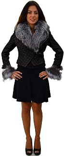 Women's Genuine Lambskin Leather Jacket with Silver Fox Fur Collar