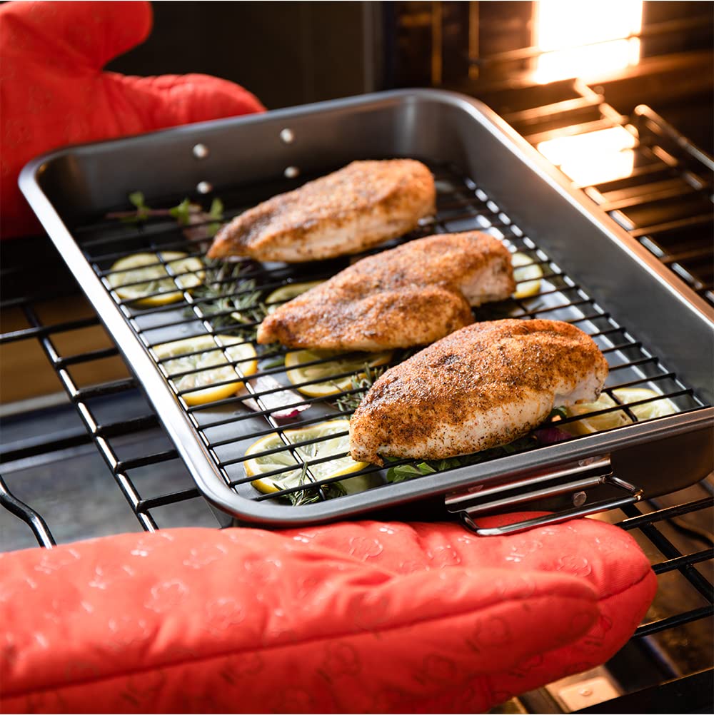 Chef Pomodoro Nonstick Carbon Steel Roasting Pan with Rack, Large, Dark Gray