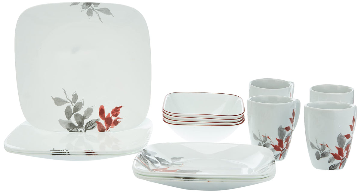 Square Kyoto Leaves 16-pc Set by Corelle – 4 PLSET 16, 22.0 ounces, Glass, White, Model FBA_3972