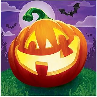 Creative Converting Halloween Grinning Pumpkins Beverage Napkins, 5" x 5", Purple, Orange, Black, Green, and Yellow