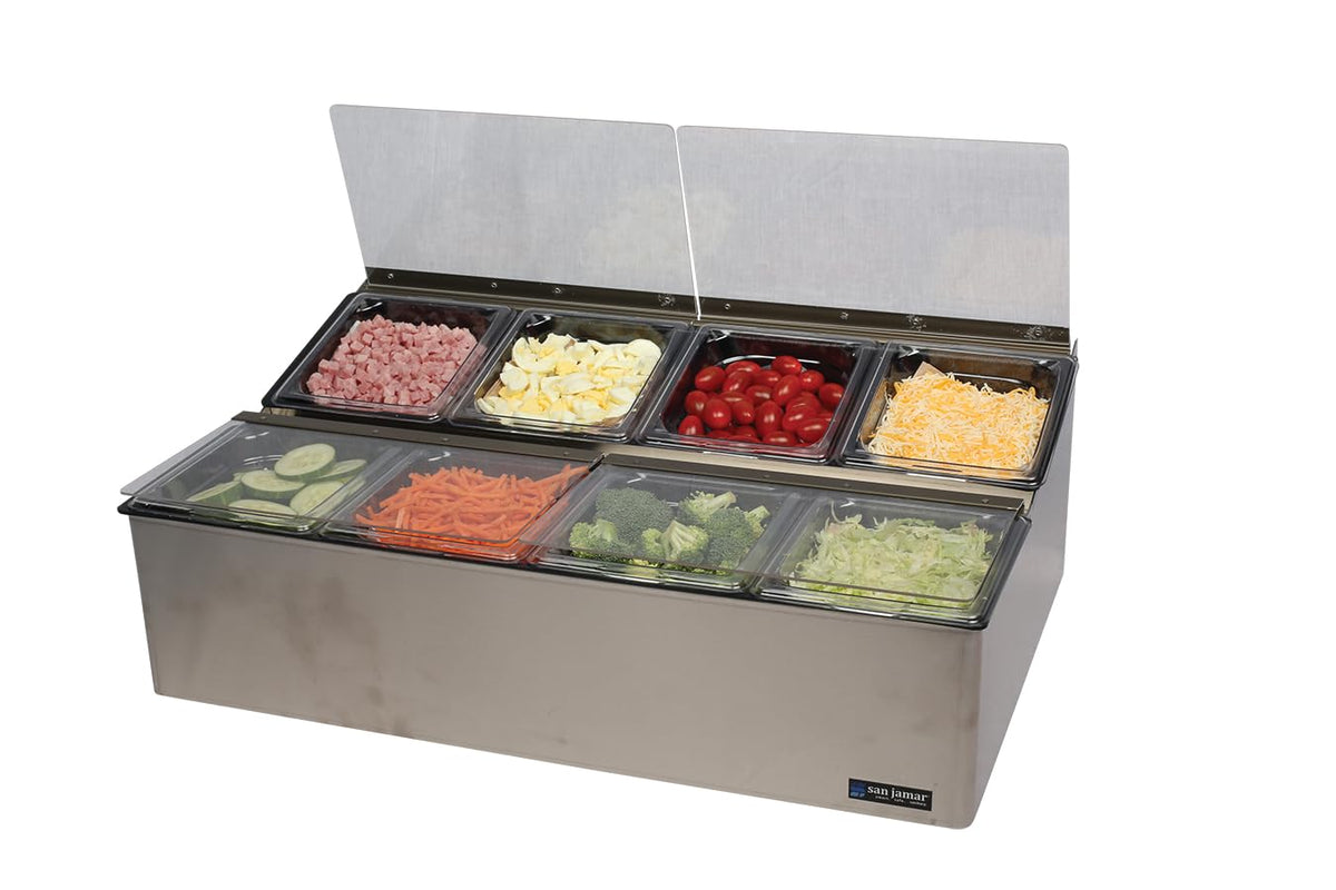 Ez-Chill Food Prep Center Self-Service with Hinged Lid for Bars by San Jamar – 8 Pans, 0.0 ounces, Stainless Steel, Stainless, Model FP9248FL