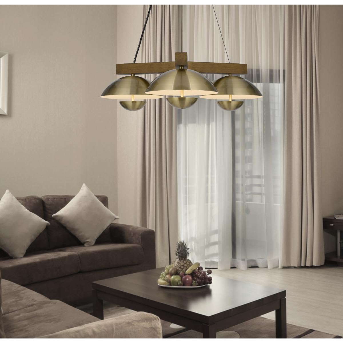 Lighting Lakeland 15W X 3 Intergrated Dimmable Led Metal/Rubber Wood Pendant Light with Half Domed Metal Shade by Cal – Metal, Antique Brass/Wood, Model FX-3801-3C