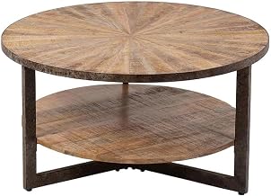 Furnifact Mango Wood Round Coffee Table with Iron Base, Small Circle Coffee Tables for Living Room Modern Cocktail Center Table, Natural, Aged Iron