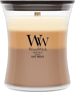 WoodWick Café Sweets Trilogy Holiday Candle Gifts for Women and Men, 9.7 oz Medium Hourglass Trilogy Candle with Crackling Wick