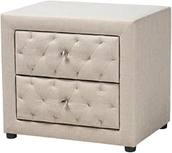 Furnifact Light Beige Fabric Upholstered Nightstand, 2-Drawer Storage, Rubberwood Frame, Button Tufted Foam Cushions, Contemporary Design, Spot Clean Care