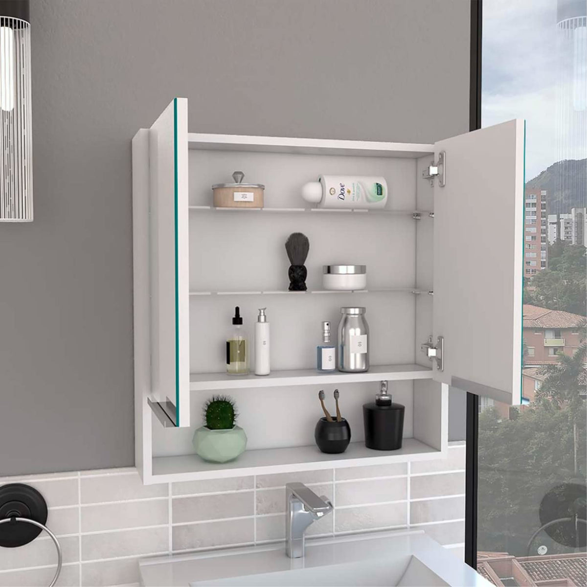 25-inch Tall Double Door Mirror Cabinet with Open Shelf by tatacoa – Engineered Wood, White