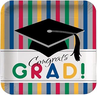 Creative Converting Paper Art 8 Count Square Dinner Plates, Graduation Stripes