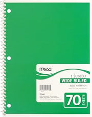 MEAD PRODUCTS, Spiral Bound Notebook, Wide/Margin Rule, 8x10-1/2,White,1 Subject 70 Sheets/Pad