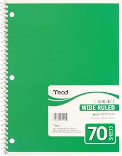 MEAD PRODUCTS, Spiral Bound Notebook, Wide/Margin Rule, 8x10-1/2,White,1 Subject 70 Sheets/Pad
