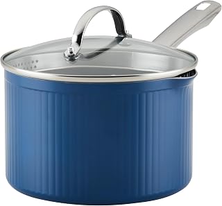 Farberware Style Nonstick Cookware Straining Saucepan with Lid, 3 Quart, Blue