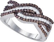 925 Sterling Silver Invisible & Channel Set Round and Baguette Cut Brown and White Diamond Ladies Womens Wedding Band OR Anniversary Ring (3/4 cttw.)