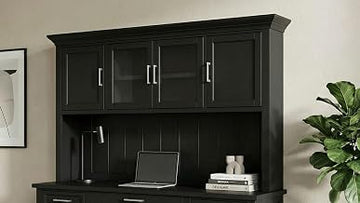 Martin Furniture Modern Wood Hutch with Doors, Storage Hutch, Office Storage, Fully Assembled, Black