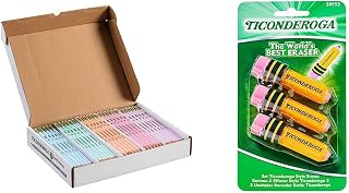Ticonderoga Wood-Cased Pencils, Pre-Sharpened, 2 HB Soft, Pastel Colors, 150 Count & Erasers, Pencil Shaped, Latex-Free, Yellow, 3-Pack (38953)