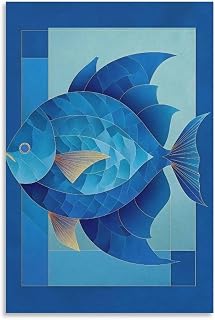 Blue Fish Fragmented Color Blocks Fine Lines Light Blue Rectangle, Rational Decorative Living Room Canvas Art Unframe-style 08x12inch(20x30cm)
