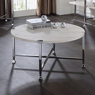36" Oak Finish Coffee Table, Round Coffee Table with Crossbar Base, Mesa De Centro para Sala with Metal Frame for Contemporary Indoor Living Spaces, Chrome,White Oak