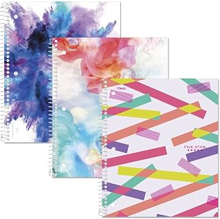 Five Star Spiral Notebooks, 1 Subject, Wide Ruled, 11" x 8-1/2", Cute Designs Bright Colors, 3 Pack