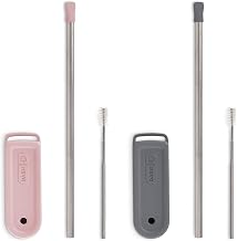 DASH Super Straw - Stainless Steel Magnetic Reusable Straw with Carrying Case and Cleaning Brush Included, 2-Pack - Grey/Rose, 9.5 Inches (DMSS002)