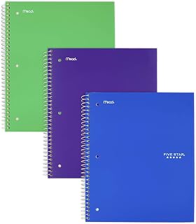Five Star Spiral Notebooks, 3 Pack, 3-Subject, Wide Ruled Paper, 150 Sheets, 10-1/2" x 8", Green, Purple, Blue (38402)