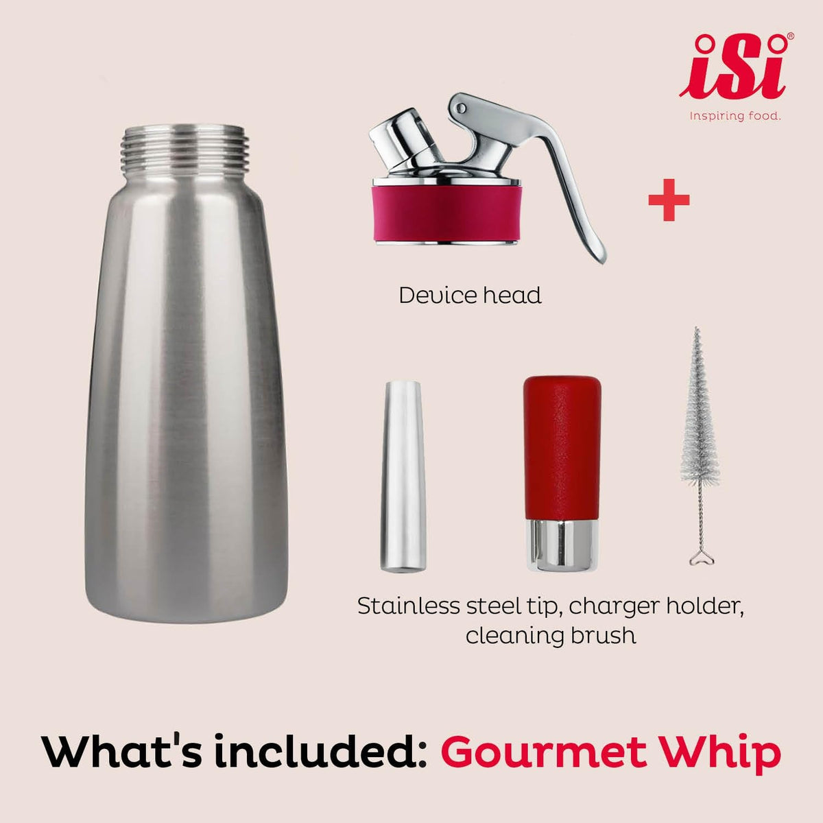iSi Gourmet Whip (1 Quart) - Multifunctional Food Whipper for Warm & Cold Application by iSi North America – 32 Ounces, 32.0 fluid_ounces, Stainless Steel, Red, Model 170301