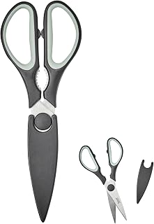 Tovolo Elements All Purpose Kitchen Shear with Cover Sheath Heavy Duty Meat Poultry Sharp Kitchen Utility Scissor Dishwasher Safe Soft Comfort Grip Silicone Handle Magnetic Sheath, Black & Blue Haze