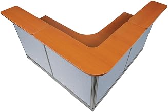 Global Industrial 80"W x 80"D x 46"H L-Shaped Reception Station with Raceway, Cherry Counter/Blue Panel
