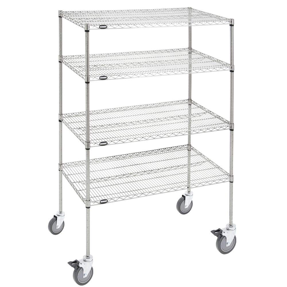 Mobile 4-Shelf Silver Wire Shelving Unit - 48" L x 24" W x 69" H by HUBERT – Alloy Steel, Silver, Model 93819+71360
