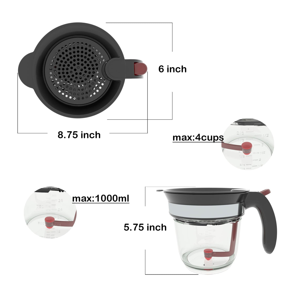 Mimlevey Gravy Separator with Bottom Spout, 4 Cup Capacity, Red with Peeler