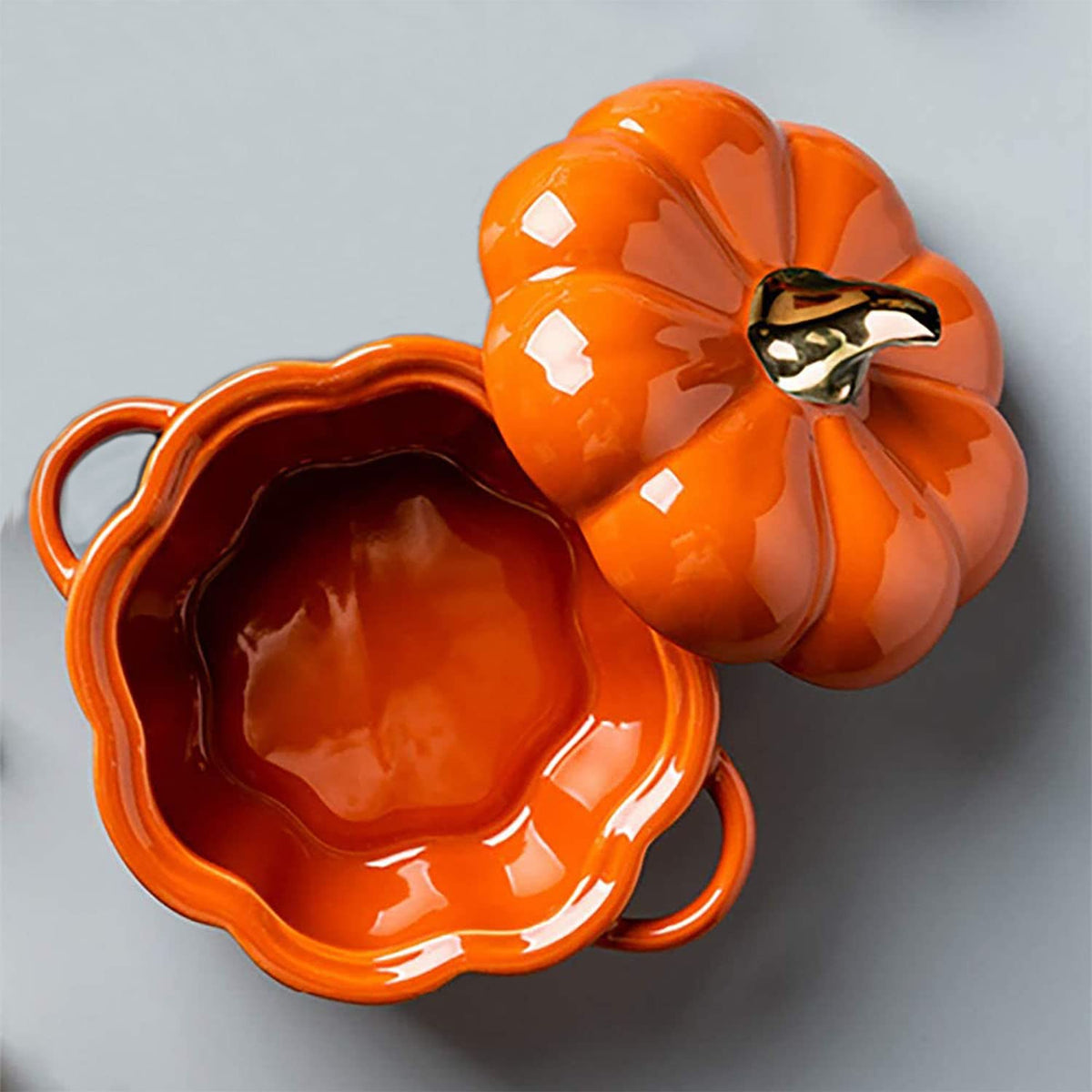 FYUEROPA Pumpkin Ramekin Set, Ceramic with Lid and Handle, 14 Oz, Orange