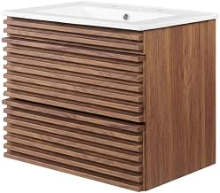 Furnifact Walnut White Wall-Mount Bathroom Vanity, Single Ceramic Sink, MDF Cabinet, 24 Inch, Centerset Faucet Ready, Freestanding
