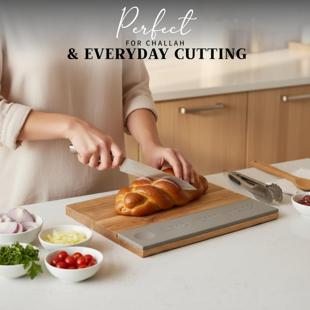 SURI Wood Challah Board with Knife and Salt Holder, Gray and Brown, Large