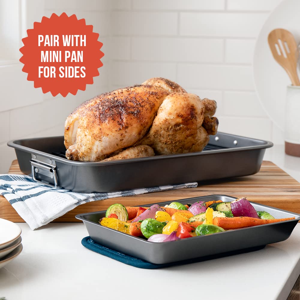 Chef Pomodoro Nonstick Carbon Steel Roasting Pan with Rack, Large, Dark Gray