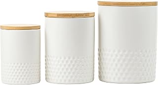 10 Strawberry Street Embossed Ceramic Kitchen Canister Set, Set of 3, Dimpled Matte White, Bamboo Lids