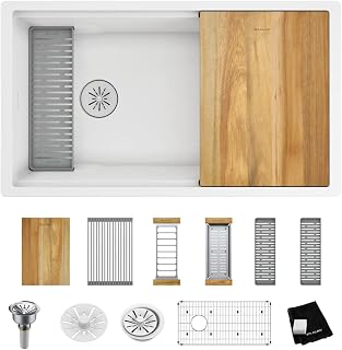 Elkay ELXRU13322W Quartz Luxe 33" Undermount Single Basin Quartz Composite Workstation Kitchen Sink with Basin Rack, Colander and Cutting Board - Arctic Fox