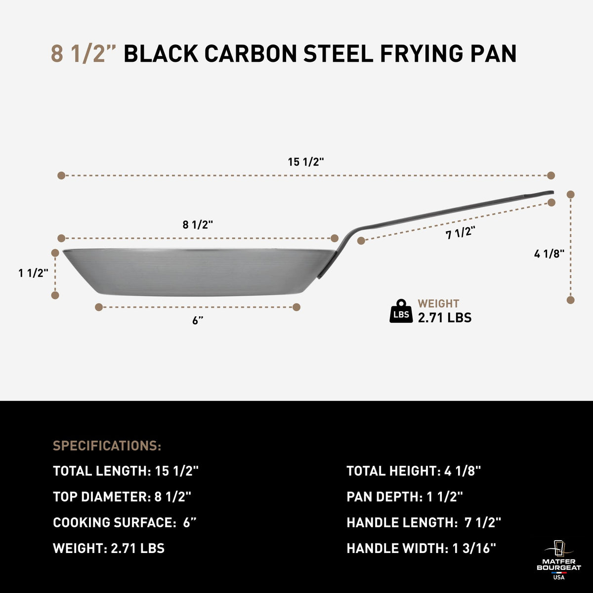 Bourgeat Black Carbon Steel Frying Pan by Matfer – 8 1/2", 1.0 liters, Carbon Steel, Gray, Model 62001