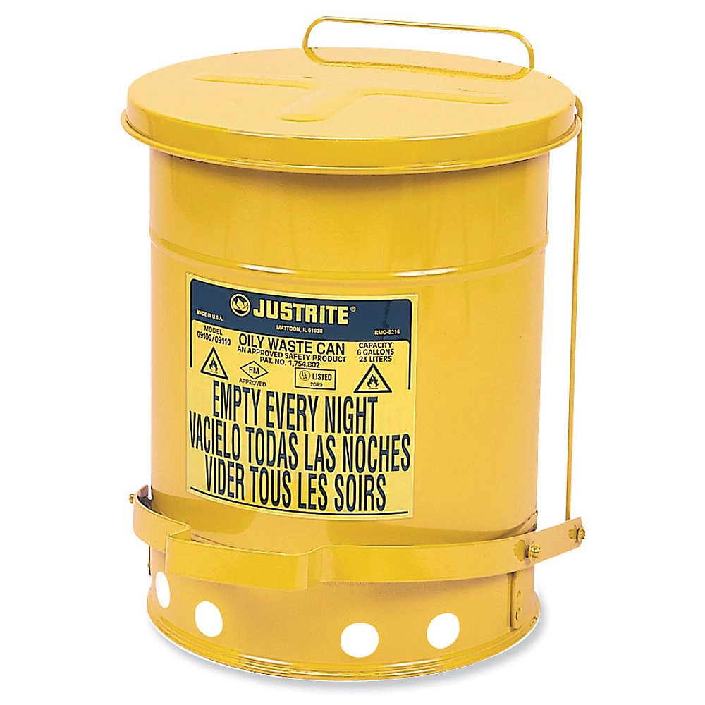 6 GALLON YELLOW OILY WASTE CAN by Justrite – 12 inches x 12 inches x 16 inches, 6 gallons, Steel, Yellow, Model 09101/YELLOW