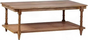 Furnifact Brown Wood and Cane Coffee Table with Rectangular Top, Mango Wood and Rattan, Natural Finish, Stylish, Durable, Ideal for Living Room Decor
