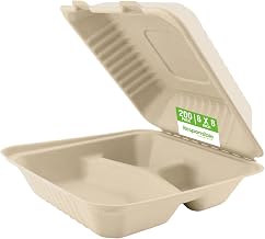 Responsible Products 8 inch 3-Compartment Hinged Containers, Tree-Less™ Compostable Molded Fiber Takeout Containers, Extra Strength, Tree-Free and Made Without PFAS, Natural Brown (200 Count)
