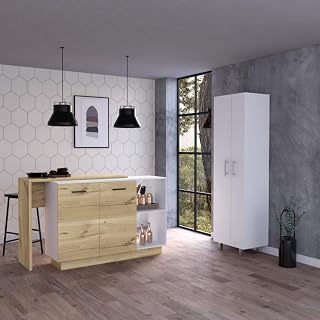 Crescent 7 Shelf 4 Door 2 Pcs Kitchen Set, Kitchen Island and Pantry White and Light Oak