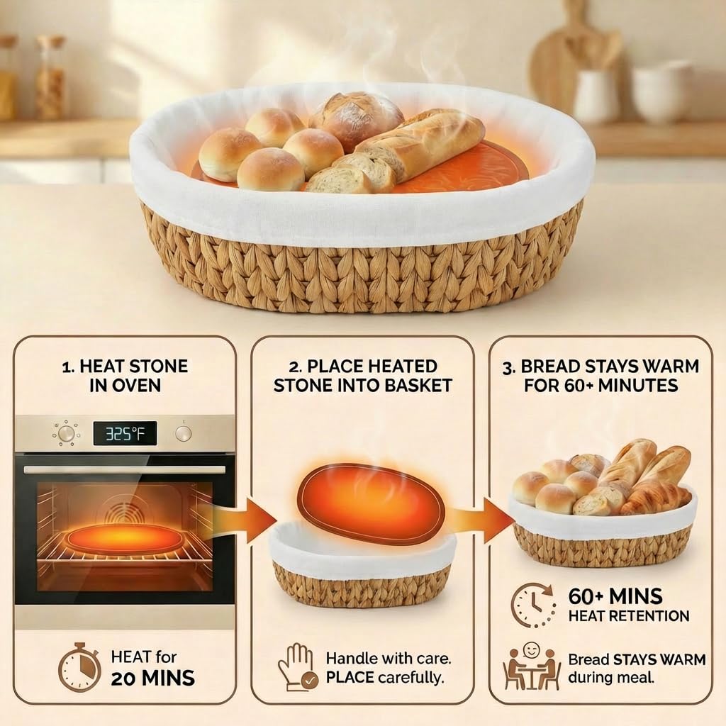 YANGQIHOME Woven Bread Basket with Warming Stone, 9 x 12.6 x 3.9 Inches, Water Hyacinth