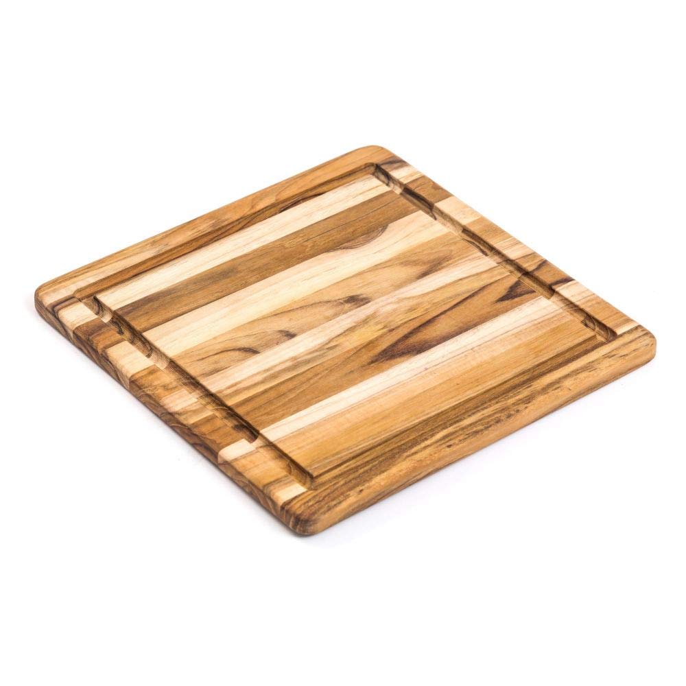 Cutting Board With Juice Canal - Square Teak Wood Serving Board (12 x 12 x .55 in.) - By by Teakhaus – 11.8"L x 11.8"W, Teak Wood, Brown