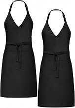 Liitrsh 2 Pcs Unisex V Neck Apron 2 Pocket Tuxedo Server Apron Long Waist Tie Adjustable Waiter Pinafore Bistro
